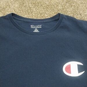 Champion Mens 2XL Long Sleeve Shirt Navy Blue Logo Tee 100% Cotton